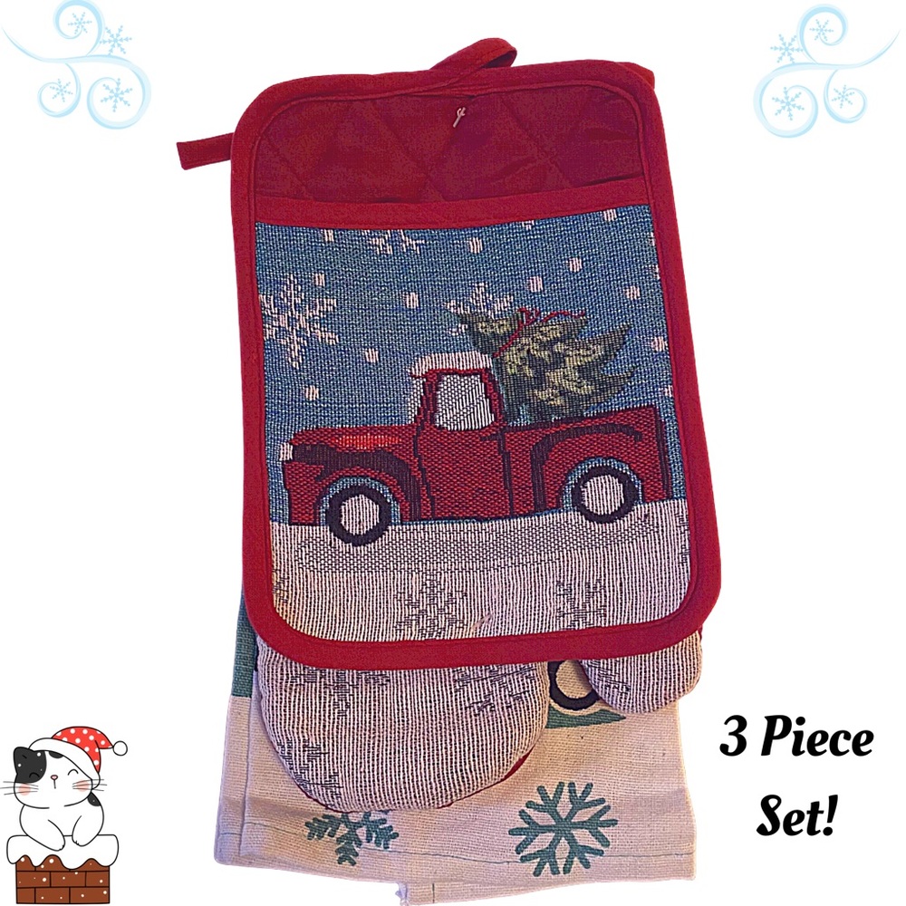 3 PC SET - HOLIDAY / WINTER THEME OVEN MITT, DISH TOWEL, POT HOLDER NWOT